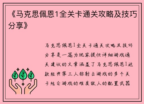 《马克思佩恩1全关卡通关攻略及技巧分享》