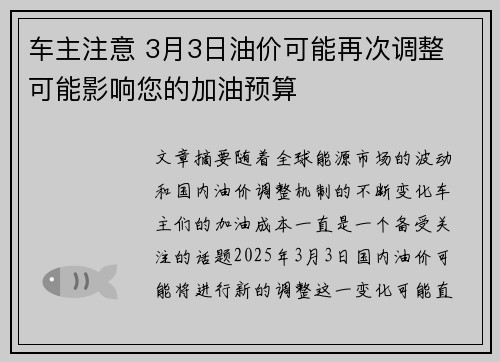车主注意 3月3日油价可能再次调整 可能影响您的加油预算